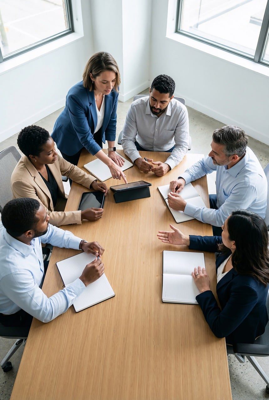 business, meeting, office, teamwork, colleagues, discussion, professional, diversity, table, collaboration, corporate, strategy, workplace, planning, group, communication, leadership, success, bright, focus